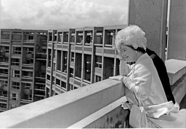 The Queen Mother looks down over Sheffield from the top of the city's Hyde Park flats which she opened in 1966