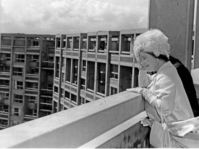The Queen Mother looks down over Sheffield from the top of the city's Hyde Park flats which she opened in 1966