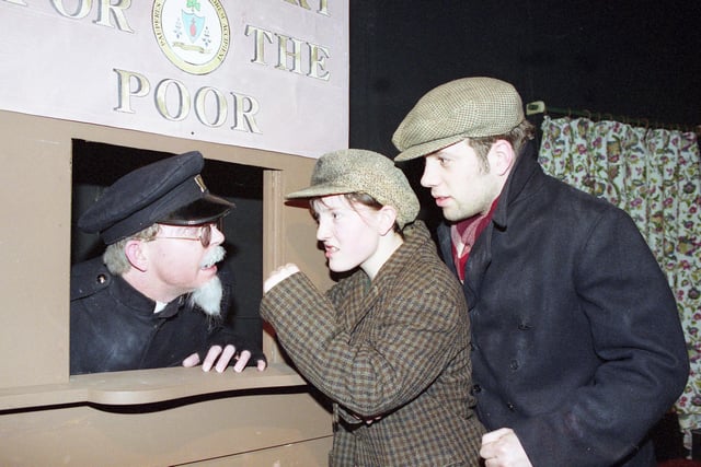 A 1992 rehearsal at the Royalty Theatre, Sunderland where caretaker Alleluia (Doug Hughes) is pictured being threatened by Red Muffler (Jonathan Gregory) and a girl (Joanne Taylor) in The Hall of Healing. Does this bring back happy memories?