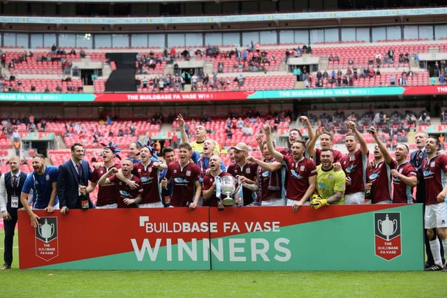 South Shields players celebrate winning the FA Vase trophy.