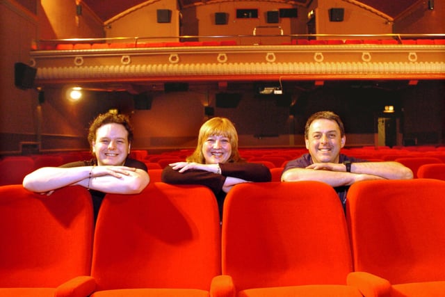Penistone Paramount Cinema after its £50,000 refit opened again in 2005. LtoR. Rod Morris - Projectionist, Liz Sedgwick - Penistone Town Clerk and Rob Younger - Manager