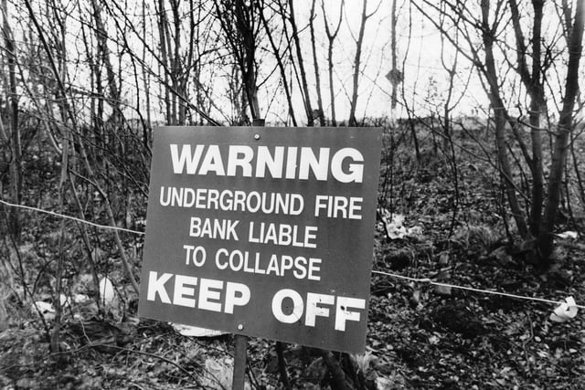 A fire warning at the site of a fire burning underground at the industrial estate on Callywhite Lane, Dronfield, on January 22, 1987