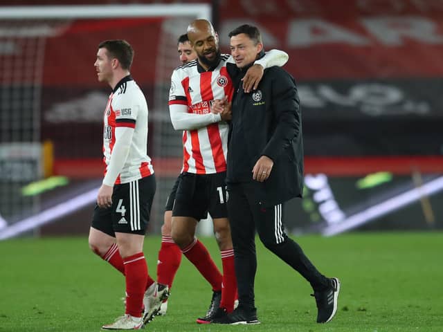 Sheffield, England, 24th April 2021. David McGoldrick of Sheffield Utd and Paul Heckingbottom interim manager of Sheffield Utd enjoy the win during the Premier League match at Bramall Lane, Sheffield. Picture credit should read: Simon Bellis / Sportimage