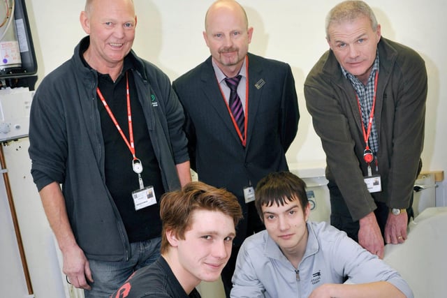 Doncaster College Staff (back, L-R) Pete Oliver, Paul Davies and Terry O’Brien with French plumbers (front, L-R) Loic Garnier and Emeric Banasiak pictured in 2013