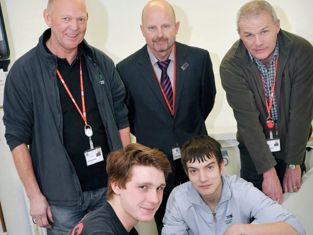 Doncaster College Staff (back, L-R) Pete Oliver, Paul Davies and Terry O’Brien with French plumbers (front, L-R) Loic Garnier and Emeric Banasiak pictured in 2013