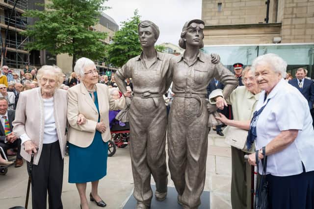 Kathleen, Dorothy, Ruby and Kit at the unveiling of the Women of Steel statue in Barkers Pool in 2016
