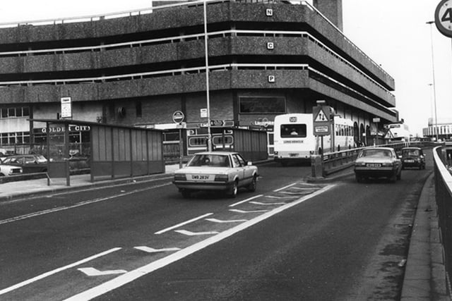 This photo was taken from the underpass on Eyre Street, in Sheffield city centre, looking towards Furnival Gate. It shows the NCP Multi Storey Car Park and Penny's Nightclub, formerly the Penny Farthing