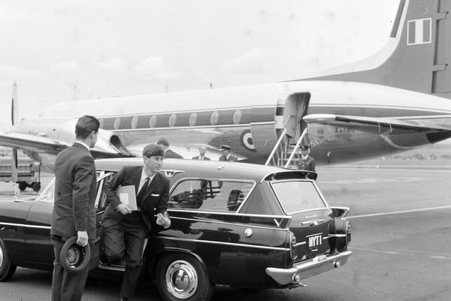 Prince Charles gets out of the car at Turnhouse Airport to return to Gordonstoun School in June 1965.