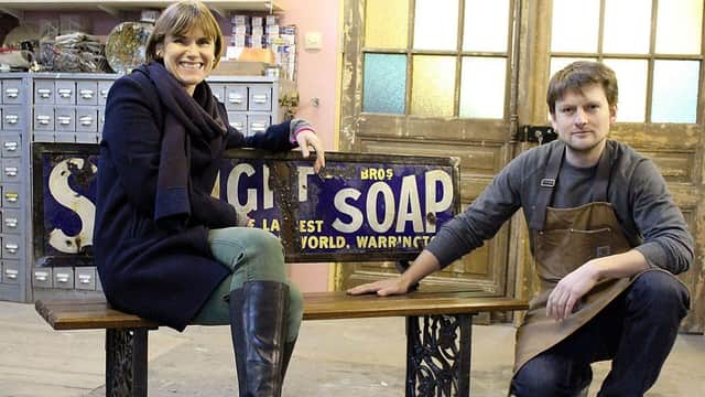 Sarah Moore and furniture designer Rupert Blanchard with a bench he made in an episode of Money for Nothing