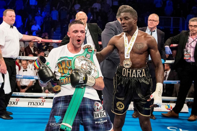 Josh Taylor celebrates wildly after his seventh-round win over Ohara Davies at Braehead. It was the tenth and, at that stage, most satisfying victory of his pro career as he dismantled the Londoner to add the WBC Silver belt to his Commonwealth title. Taylor was keen to for his next fight to be against fellow Scot and former three-weight world champion Ricky Burns - unfortunately the match-up never happened.