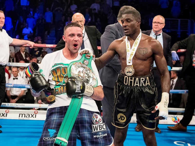 Josh Taylor celebrates wildly after his seventh-round win over Ohara Davies at Braehead. It was the tenth and, at that stage, most satisfying victory of his pro career as he dismantled the Londoner to add the WBC Silver belt to his Commonwealth title. Taylor was keen to for his next fight to be against fellow Scot and former three-weight world champion Ricky Burns - unfortunately the match-up never happened.
