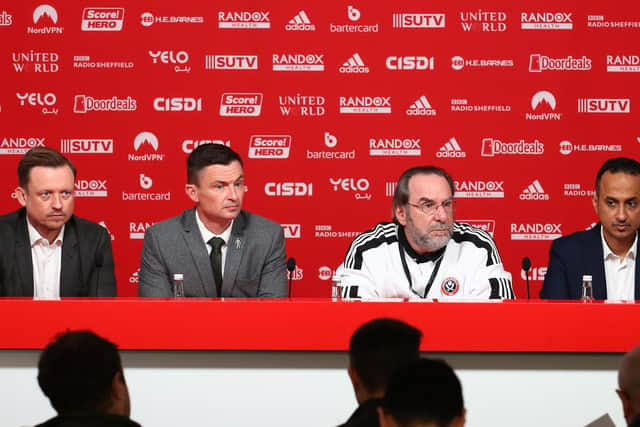 Sheffield United CEO Stephen Bettis, chairman Yusuf Giansiracusa and director Abdullah bin Yousef Alghamdi at a press conference to unveil Paul Heckingbottom (second left) as manager: Simon Bellis/Sportimage