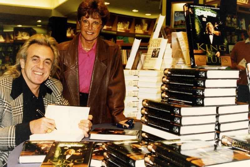 Peter Stringfellow signing copies of his book' King of Clubs' at Dillons Bookshop, Meadowhall, in October 1995.