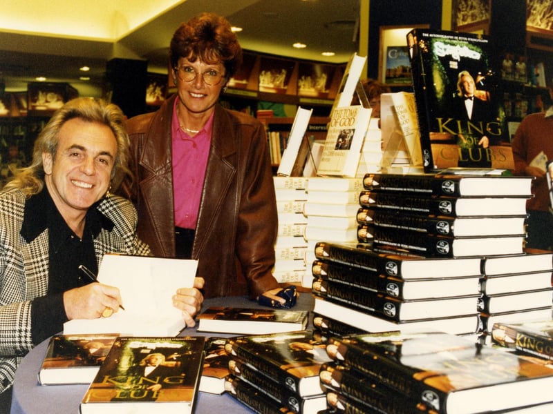 Peter Stringfellow signing copies of his book' King of Clubs' at Dillons Bookshop, Meadowhall, in October 1995.