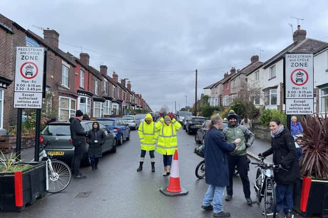 The start of an experimental School Streets traffic ban on Argyle Road, Heeley, Sheffield outside Carfield School - traffic orders have now been made permanent at four city schools