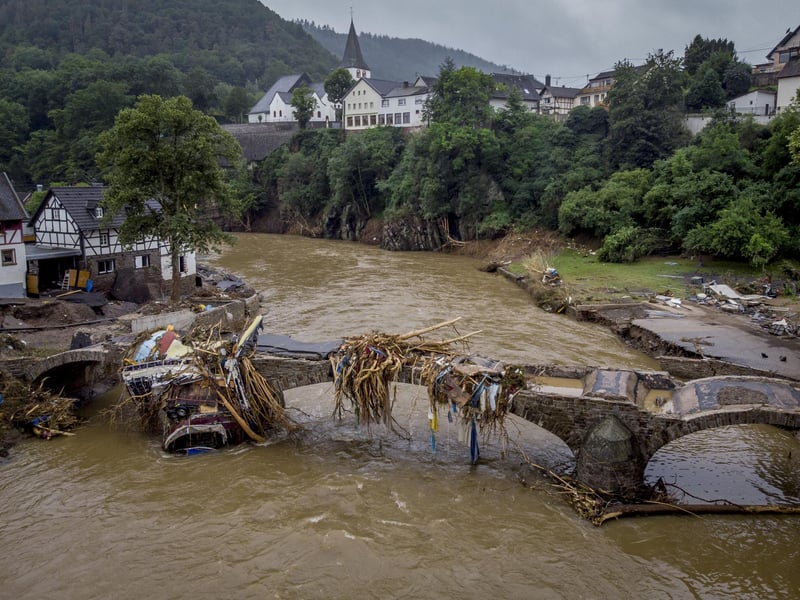 Two days before the Ahr river went over the banks after strong rain falls causing severals deaths and hundreds of people missing. (AP Photo/Michael Probst)