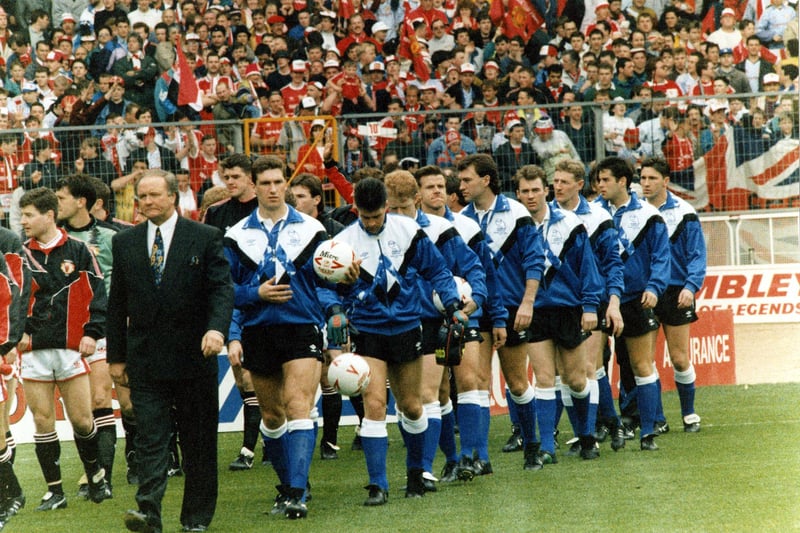 Manager Ron Atkinson leads out Sheffield Wednesday F.C. at the Rumbelows League Cup Final against Manchester United, Wembley Stadium. 21/04/1991.
