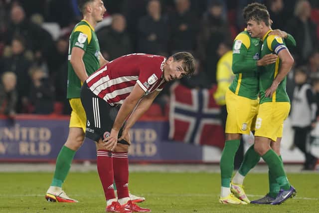 Sander Berge of Sheffield United looks dejected after the Blades conceded a late equaliser to Preston. Simon Bellis / Sportimage