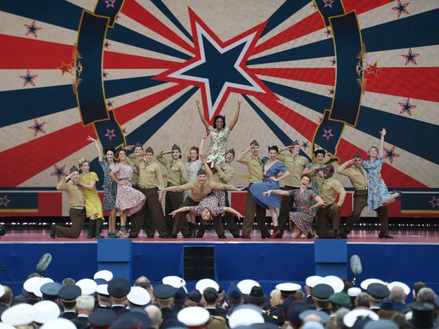 Performers dressed as soldiers perform during an event to commemorate the 75th anniversary of the D-Day landings, in Portsmouth. Picture: DANIEL LEAL-OLIVAS/AFP/Getty Images