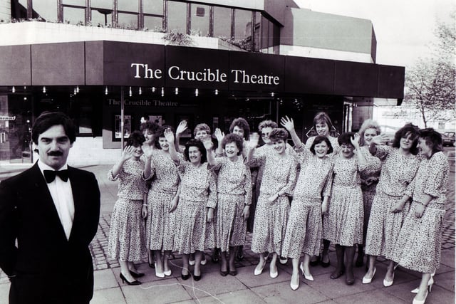 Farewell to Earle Webster from his staff of usherettes at the Crucible Theatre, who were all dressed in their new Laura Ashley outfits to wave him off in May 1986.