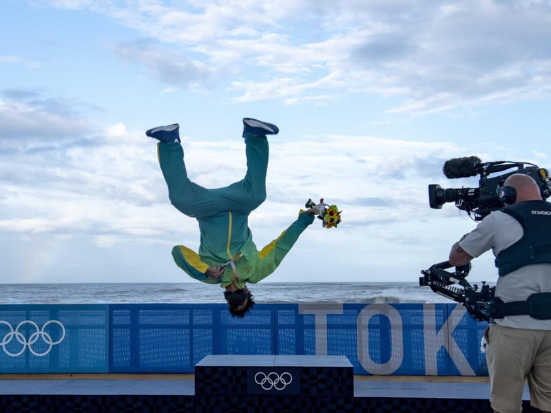 Italo Ferreira of Team Brazil, Gold medallist celebrates on the podium