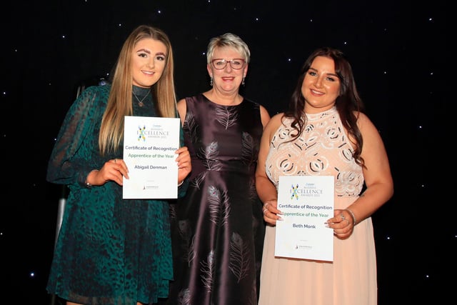Apprentice of the Year finalists Abigail Denman and Beth Monk, receive their certificates of recognition from Cllr Kate Sarvent, Cabinet Member for Town Centres and Visitor Economy.