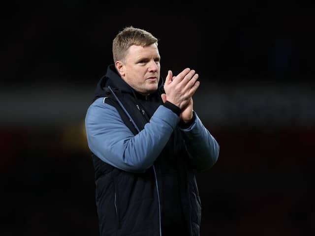 LONDON, ENGLAND - JANUARY 03: Eddie Howe manager of Newcastle United thanks the support during the Premier League match between Arsenal FC and Newcastle United at Emirates Stadium on January 03, 2023 in London, England. (Photo by Julian Finney/Getty Images)