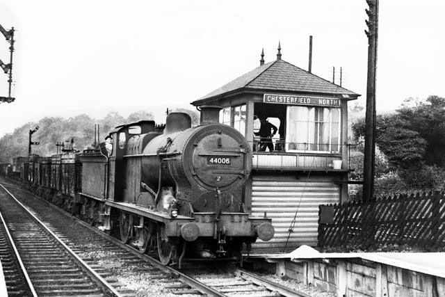 An ex-Midland Railway 4F steam locomotive runs past Chesterfield North signal box in August 1952.