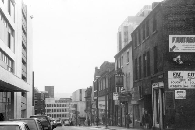Cambridge Street, Sheffield, in February 1994, showing Fantasia art designs, Fat City secondhand books and records, and The Sportsman Inn.