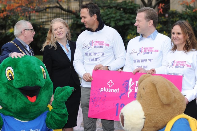 Former England Cricket Captain Michael Vaughan officially launched the new Plusnet Yorkshire Half Marathon in Sheffield in November 2014 alongside Lord Mayor Peter Rippon, Coun Isobel Bowler and Plusnet's Andy Baker and Caroline Richardson. Picture Scott Merrylees.