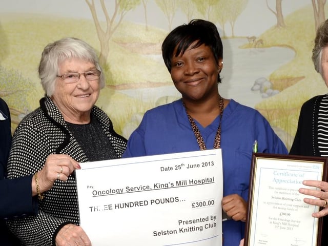 Members of Selston Knitting Club raising funds for Sherwood Forest Hospitals in 2013.