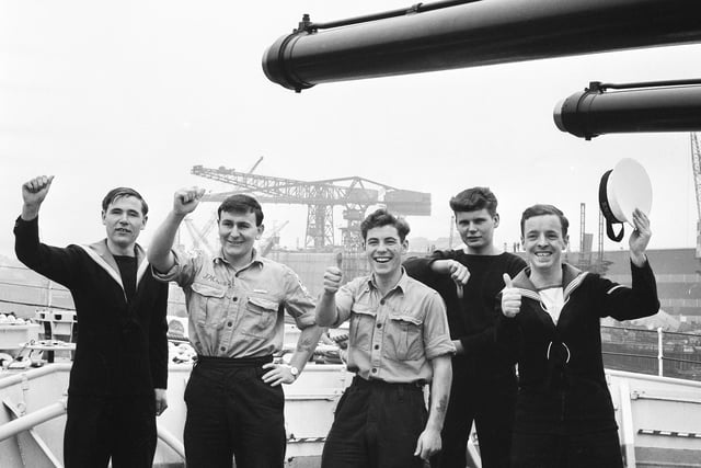 HMS Tiger is ready to leave the River Wear and here are some of the 698 strong crew in April 1965.