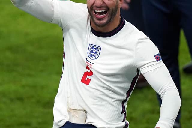 England's Kyle Walker celebrates winning the UEFA Euro 2020 semi final match at Wembley Stadium. Mike Egerton/PA Wire.