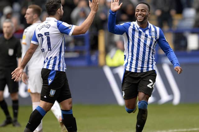 Sheffield Wednesday striker Saido Berahino celebrates his hat-trick.