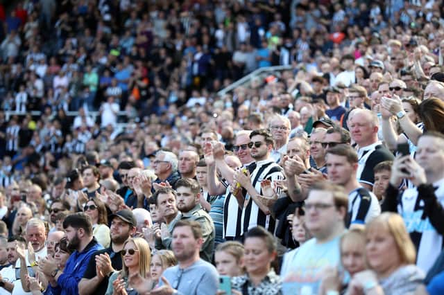 NEWCASTLE UPON TYNE, ENGLAND - AUGUST 28: Newcastle United fans show their support prior to the Premier League match between Newcastle United  and  Southampton at St. James Park on August 28, 2021 in Newcastle upon Tyne, England. (Photo by George Wood/Getty Images)