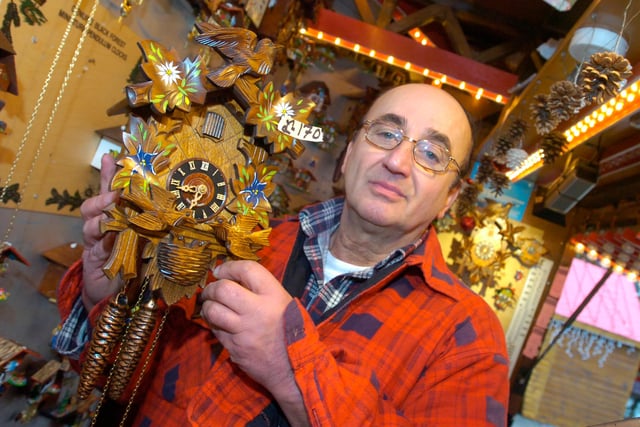 Manfred Joseph with his cuckoo clocks at the Christmas Market at Sheffield Peace Gardens in November 2010