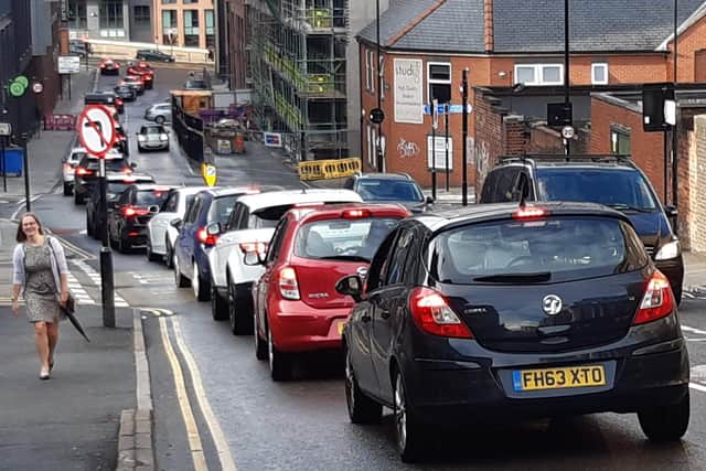 Congestion on Rockingham Street, Sheffield city centre. Pic by David Walsh.