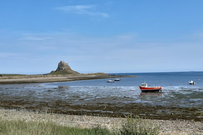 The view from Holy Island harbour towards Lindisfarne Castle.