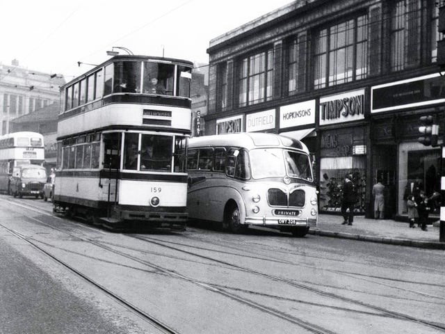 Trams run along Attercliffe Road, Sheffield, in the 1950s