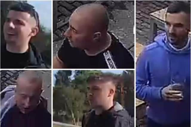 Police officers investigating a mass brawl in Plymouth ahead of a Sheffield Wednesday want to trace these five men, who are believed to be from South Yorkshire