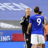 Sheffield United manager Chris Wilder congratulates Leicester City's Jamie Vardy before telling the media he wasn't interested in hearing his players' opinions on their performance at the King Power Stadium: Michael Regan/Pool via AP