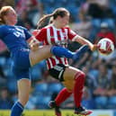 Lucy Watson of Sheffield Utd tussles with Kathryn Hill of Durham during the FA Women's Championship match at the Technique Stadium, Chesterfield. Simon Bellis/Sportimage