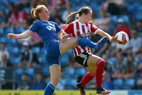 Lucy Watson of Sheffield Utd tussles with Kathryn Hill of Durham during the FA Women's Championship match at the Technique Stadium, Chesterfield. Simon Bellis/Sportimage