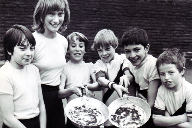 The Carfield Junior School pancake race team - pictured during the sports day between Carfield and Heeley Bank Junior Schools - left to right, Joanne White, Denise Condon, Sarah Kriel, Russell Davies, Paul Musleh, and Martin Bell on February 23, 1982