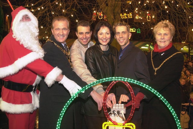 Switching on the lights at Chesterfield  in 2000 where ex Hollyoaks star Lisa Williamson and ex Coronation Street star Nick Cochrane who are both in the panto Alladin at the Pomegranate Theatre Chesterfield. With them are, Santa, Chesterfield Mayor councillor Mick Leverton, peak FM presenter Craig Pattison the two stars and the Mayoress Loretta Leverton.
