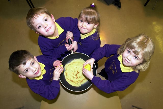 Intake Primary School nursery pupils, from left,  Stephen Gibbs, aged three, Edward McDonagh, aged four, Jade Wilson, aged three, and Jodi Burfield, aged four, are pictured with a yummy pancake back in 2001