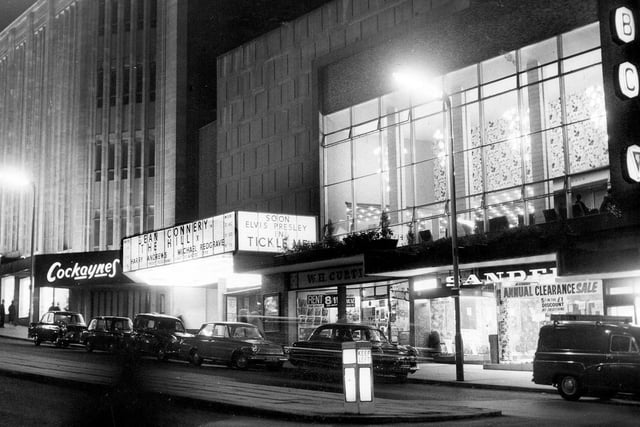 The ABC Cinema, Angel Street, Sheffield, in 1965.  The cinema opened in 1961 and closed in January 1988.  Cockayne's department store can be seen on the left.