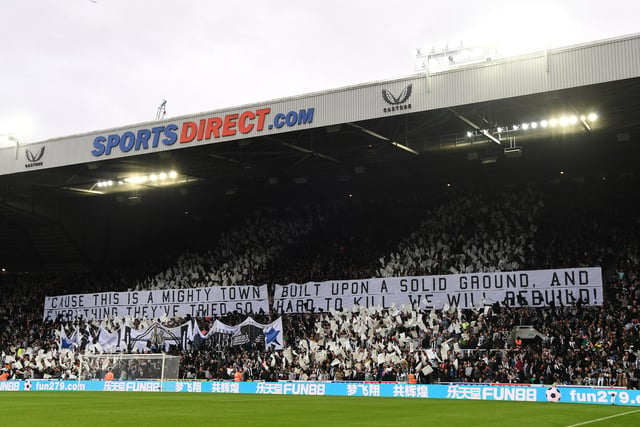Wor Flags make a welcome return for the first game of a new era against Spurs.  They show a display using the words of Jimmy Nail’s song ‘Big River’: “’Cause this is a mighty town, built upon solid ground, and everything they’ve tried so hard to kill, we will rebuild!’”