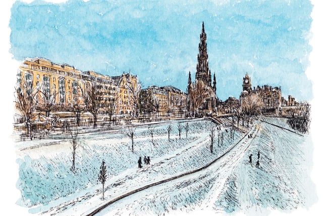 In January we had a thick covering of snow in the capital and I walked through the city early one morning, sketching and photographing the stunning views. This one is of the view from the Scottish National Gallery along Princes Street.