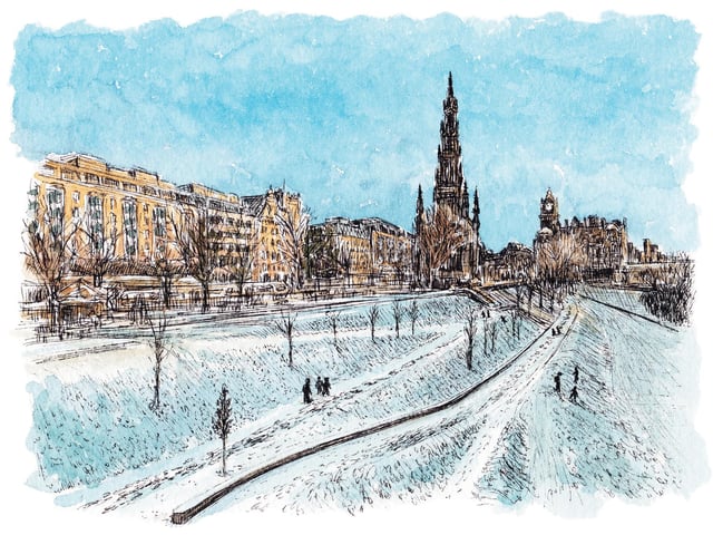 In January we had a thick covering of snow in the capital and I walked through the city early one morning, sketching and photographing the stunning views. This one is of the view from the Scottish National Gallery along Princes Street.